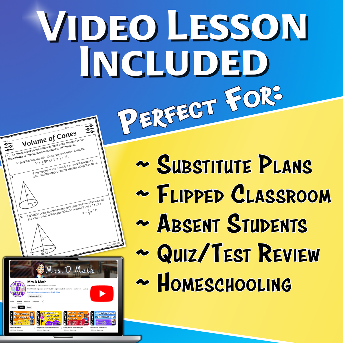 Volume of Cones Video Lesson Worksheet | 8th grade