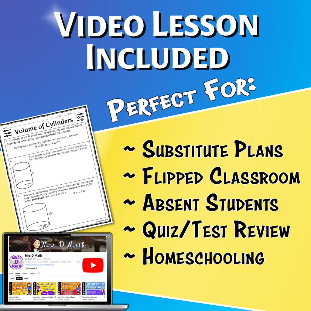Volume of Cylinders Video Lesson Worksheet | 8th grade