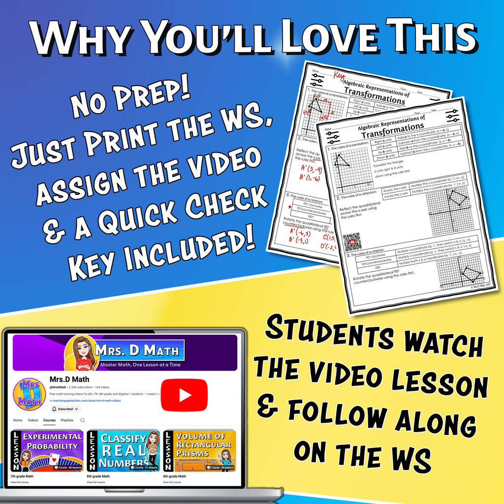 Algebraic Representations of Transformations Video Lesson Worksheet | 8th grade