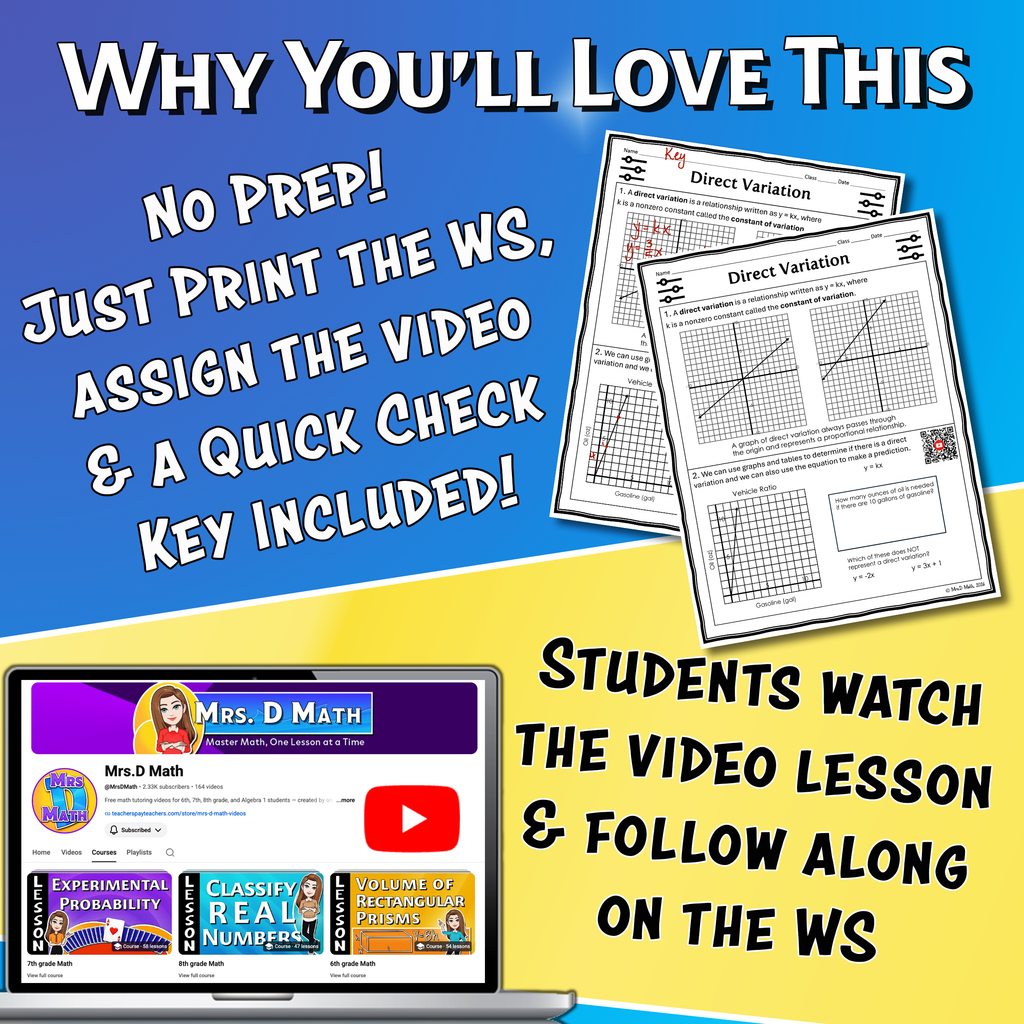 Direct Variation Video Lesson Worksheet | 8th grade