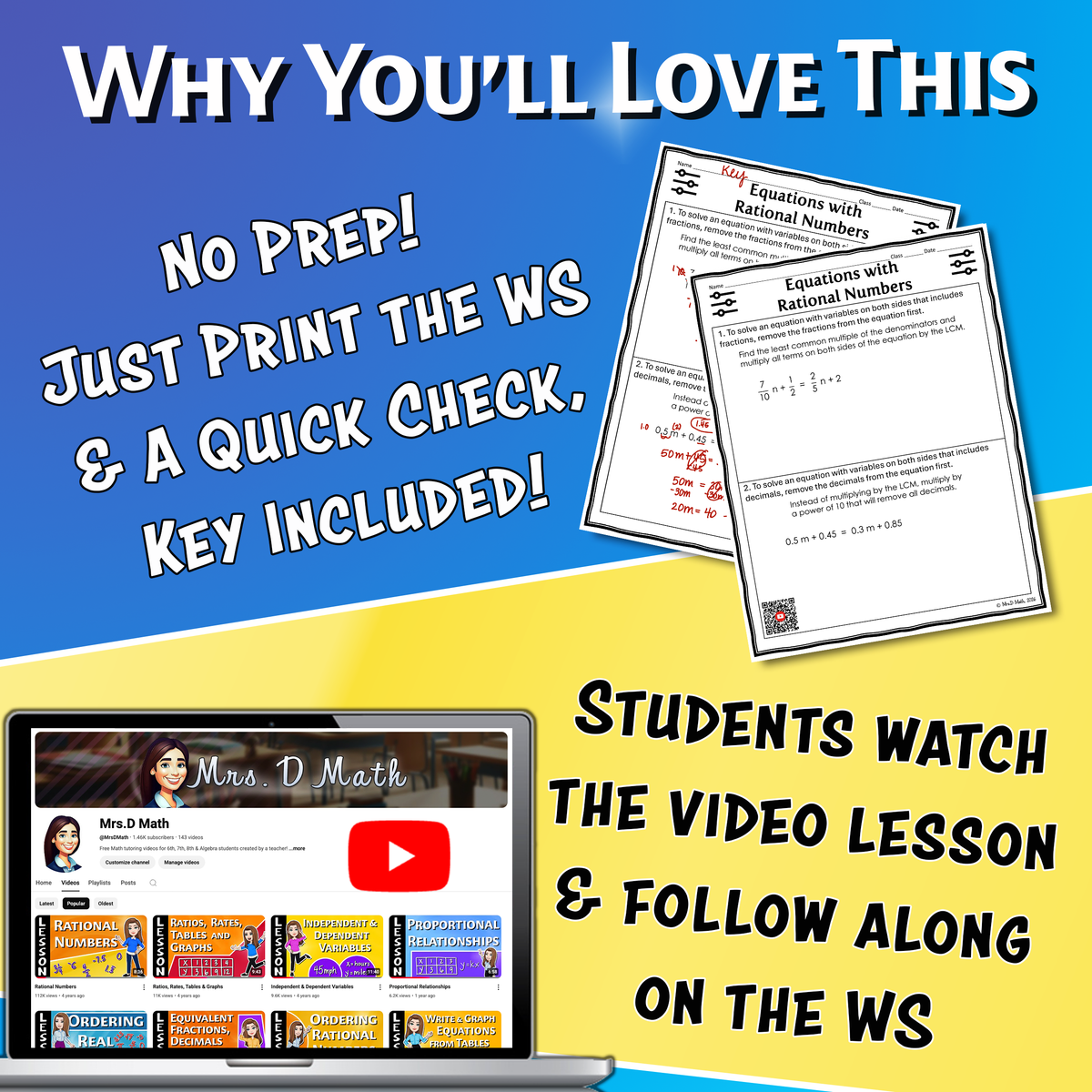 Equations with Rational Numbers Video Lesson Worksheet | 8th grade