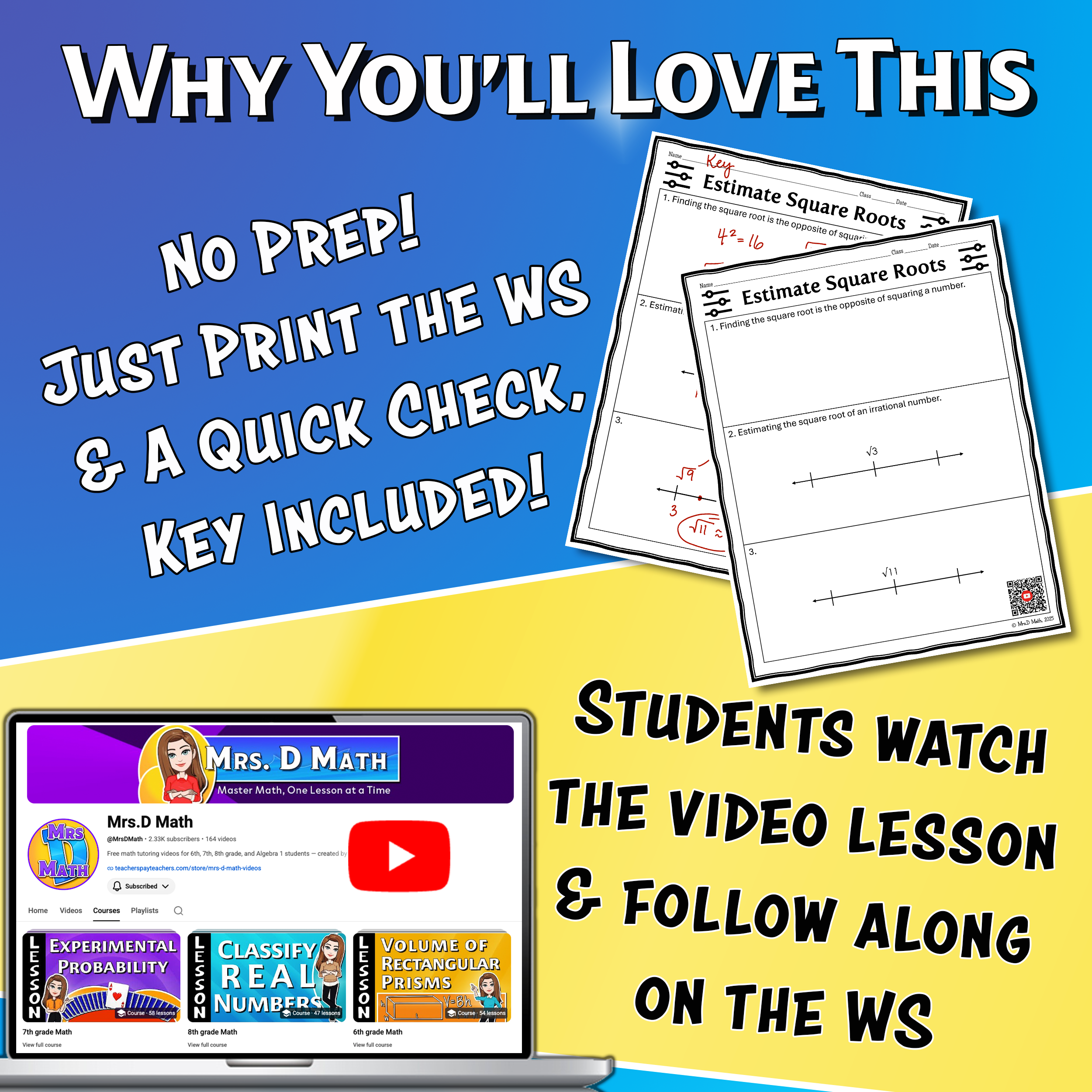 Estimate Square Roots Video Lesson Worksheet | 8th grade