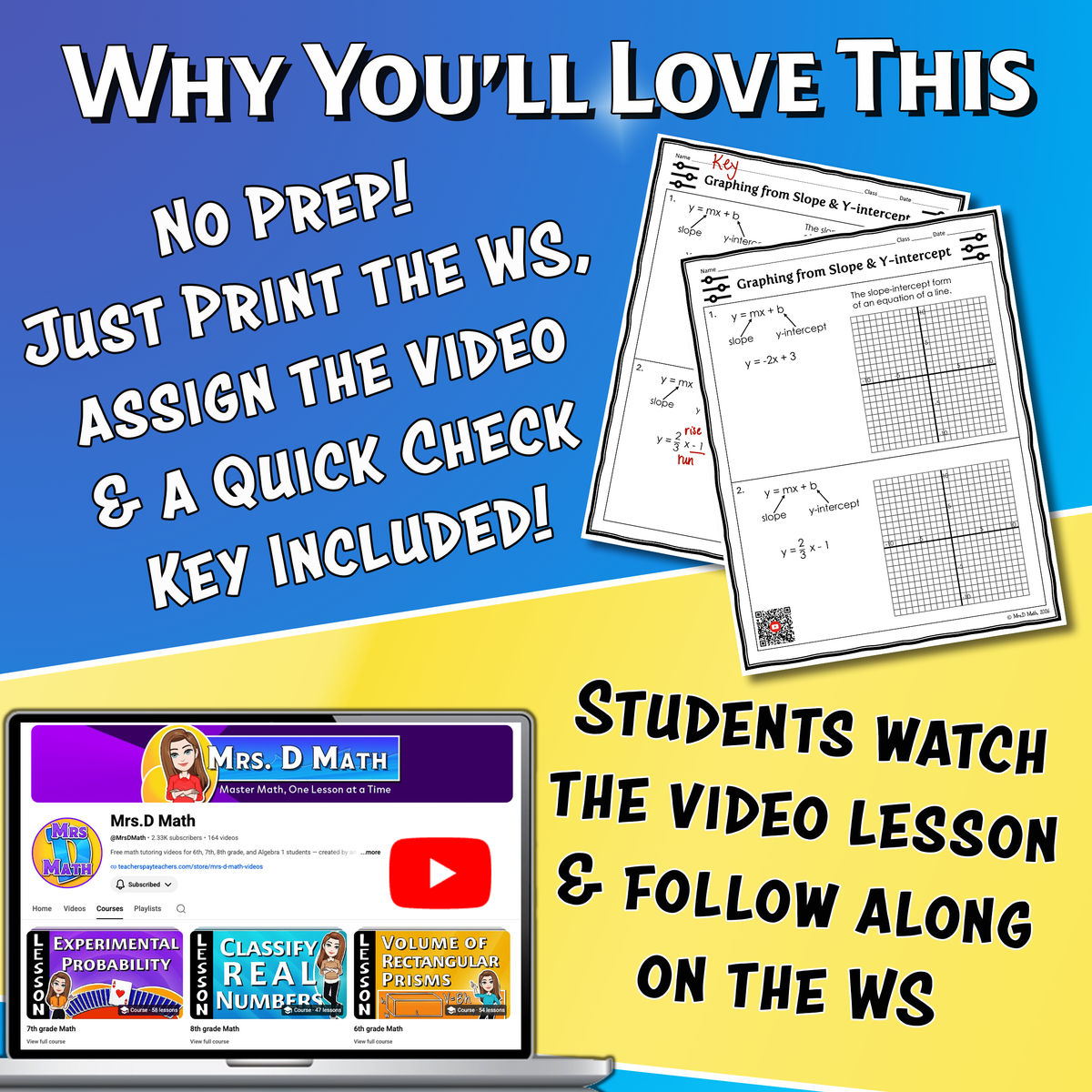 Graphing from Slope & Y-intercept Video Lesson Worksheet | 8th grade