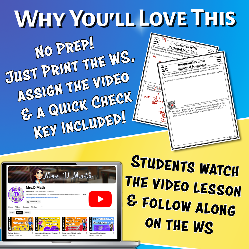 Inequalities with Rational Numbers Video Lesson Worksheet | 8th grade
