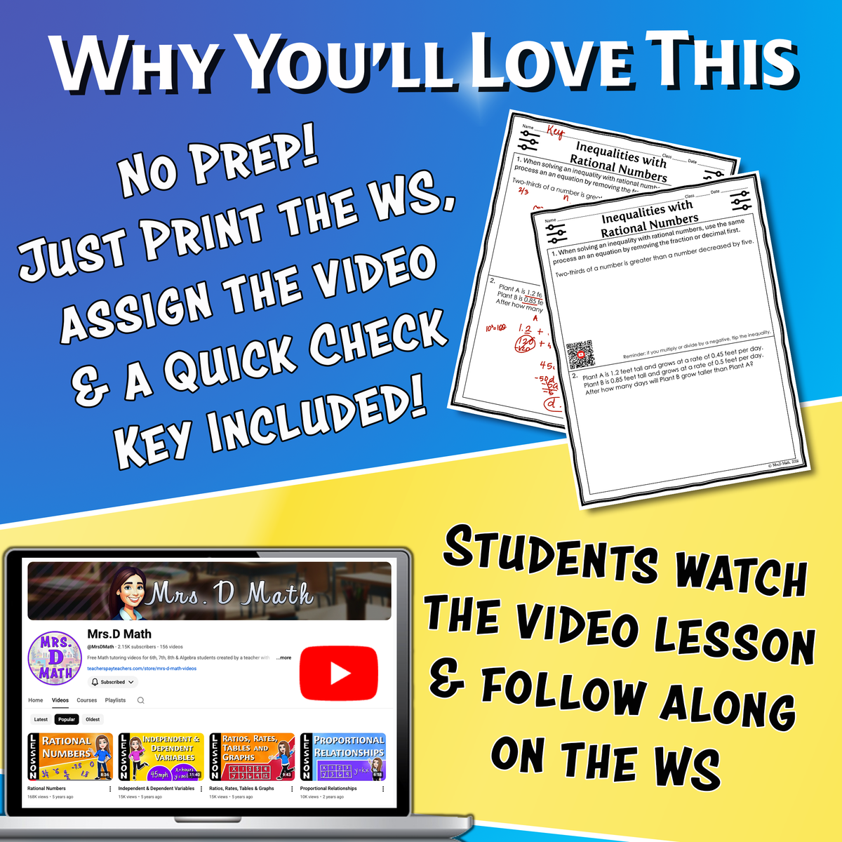 Inequalities with Rational Numbers Video Lesson Worksheet | 8th grade