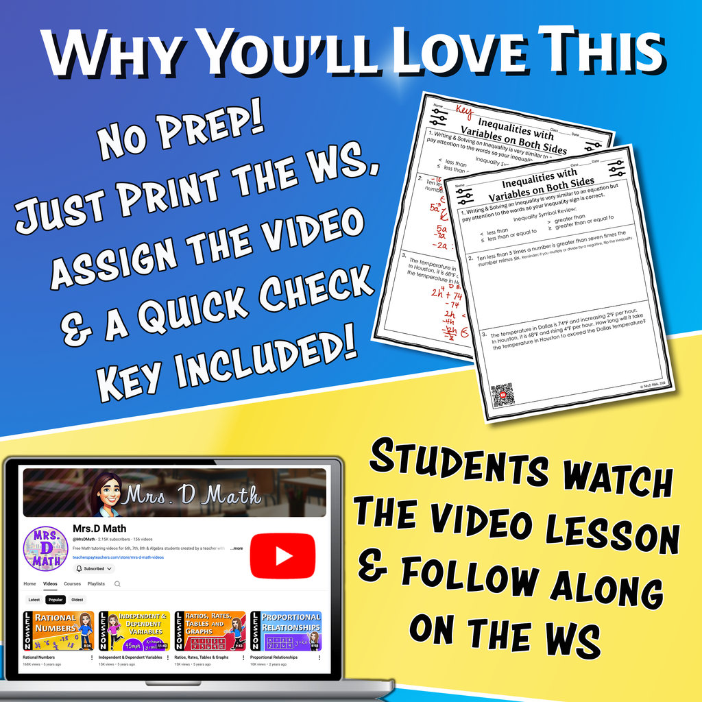 Inequalities with Variables on Both Sides Video Lesson Worksheet | 8th grade