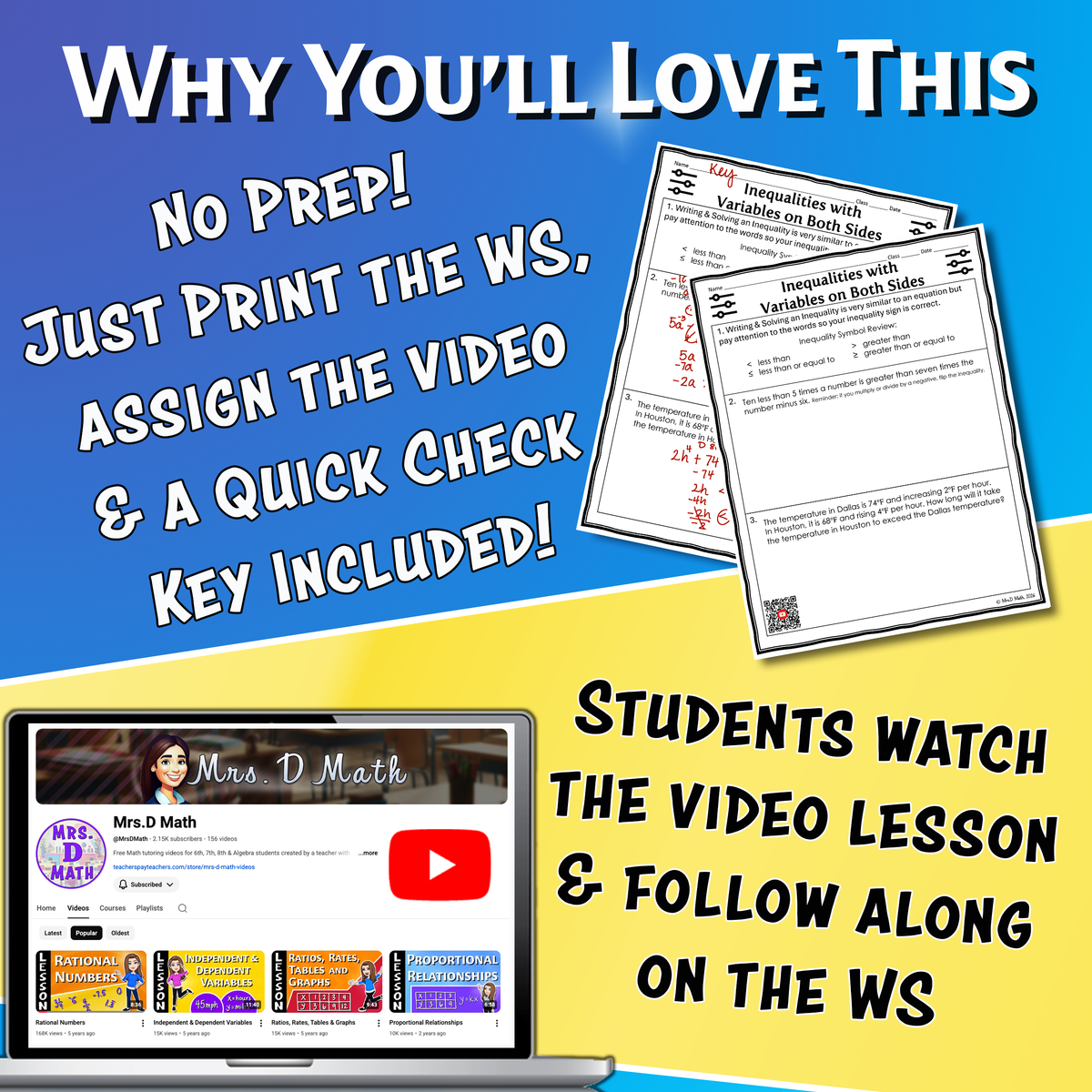Inequalities with Variables on Both Sides Video Lesson Worksheet | 8th grade
