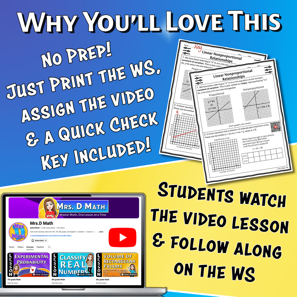 Linear Non-proportional Relationships Video Lesson Worksheet | 8th grade