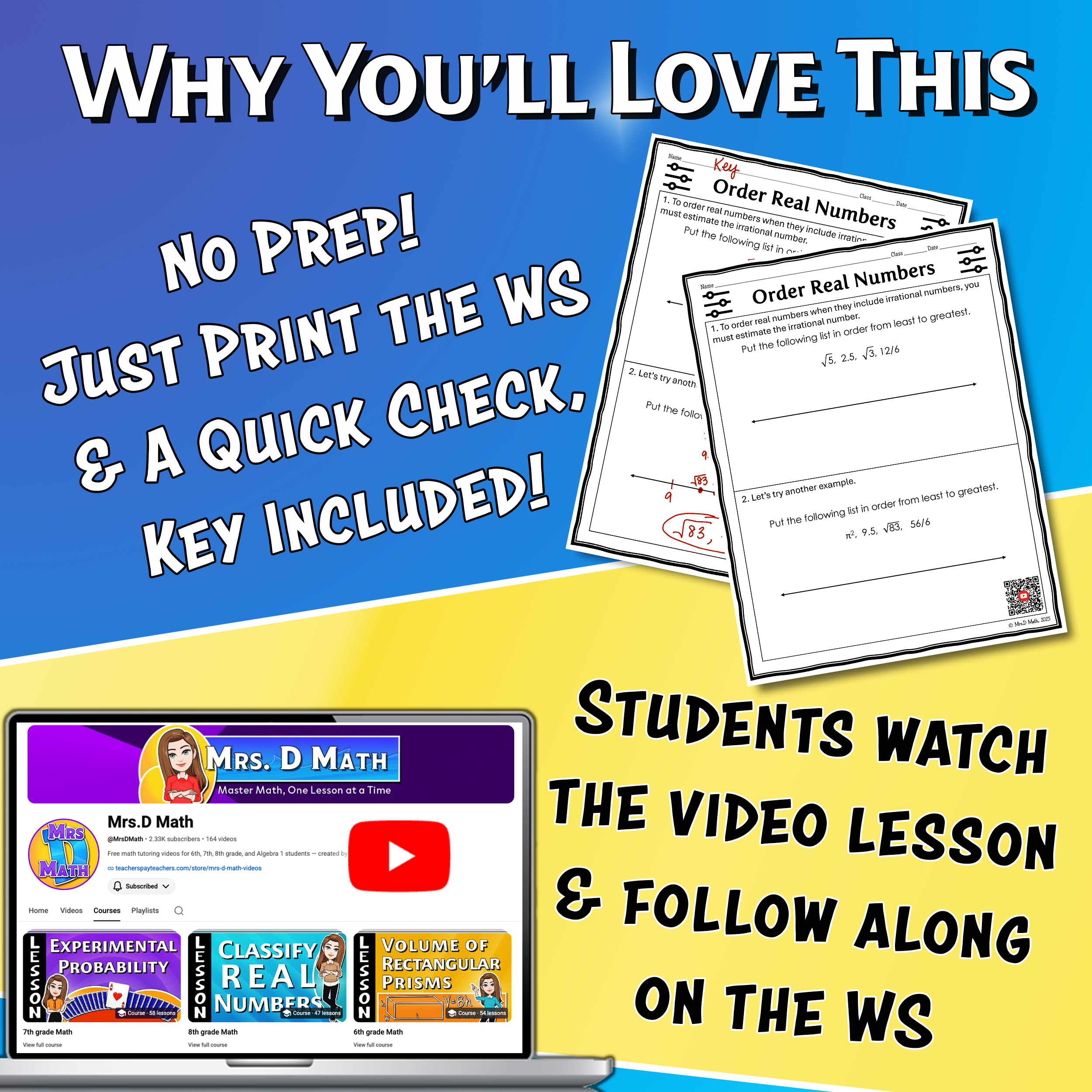 Order Real Numbers Video Lesson Worksheet | 8th grade