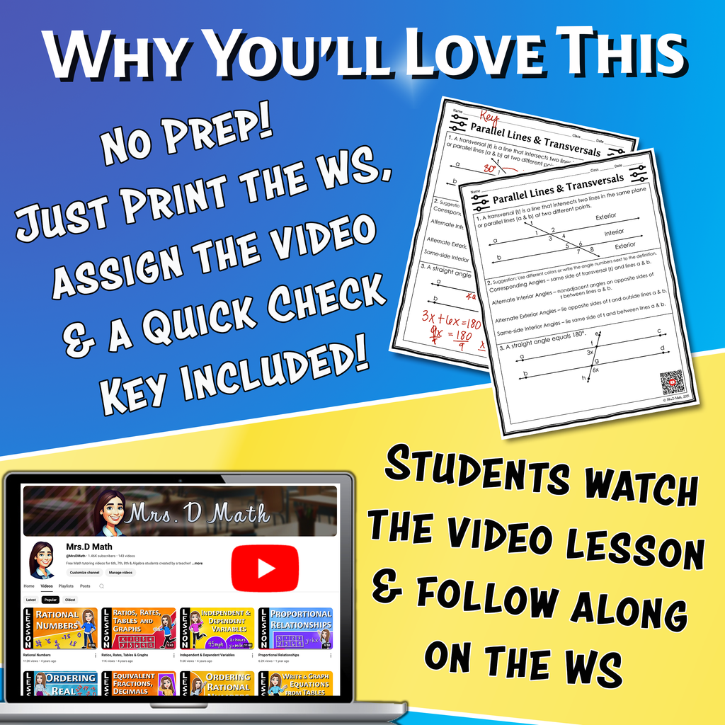 Parallel Lines & Transversals Video Lesson Worksheet | 8th grade