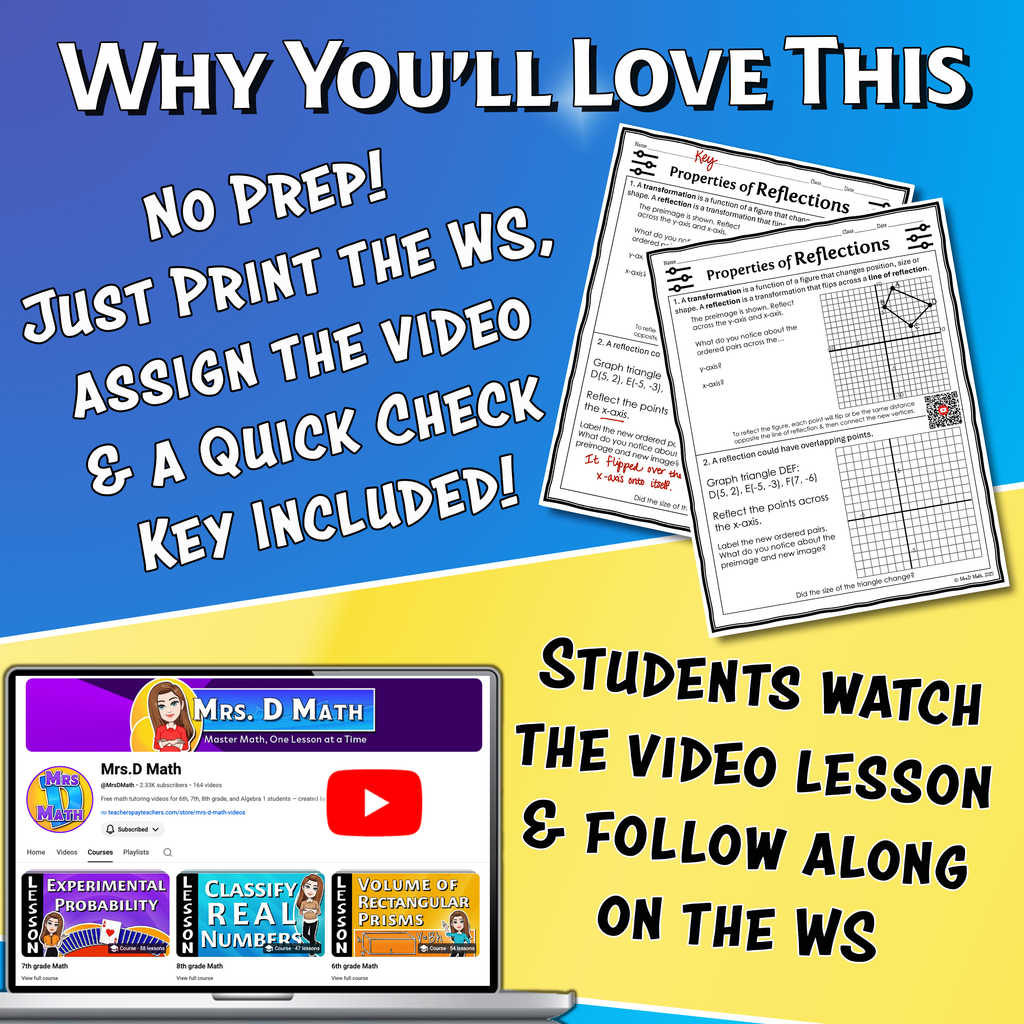 Properties of Reflections Video Lesson Worksheet | 8th grade