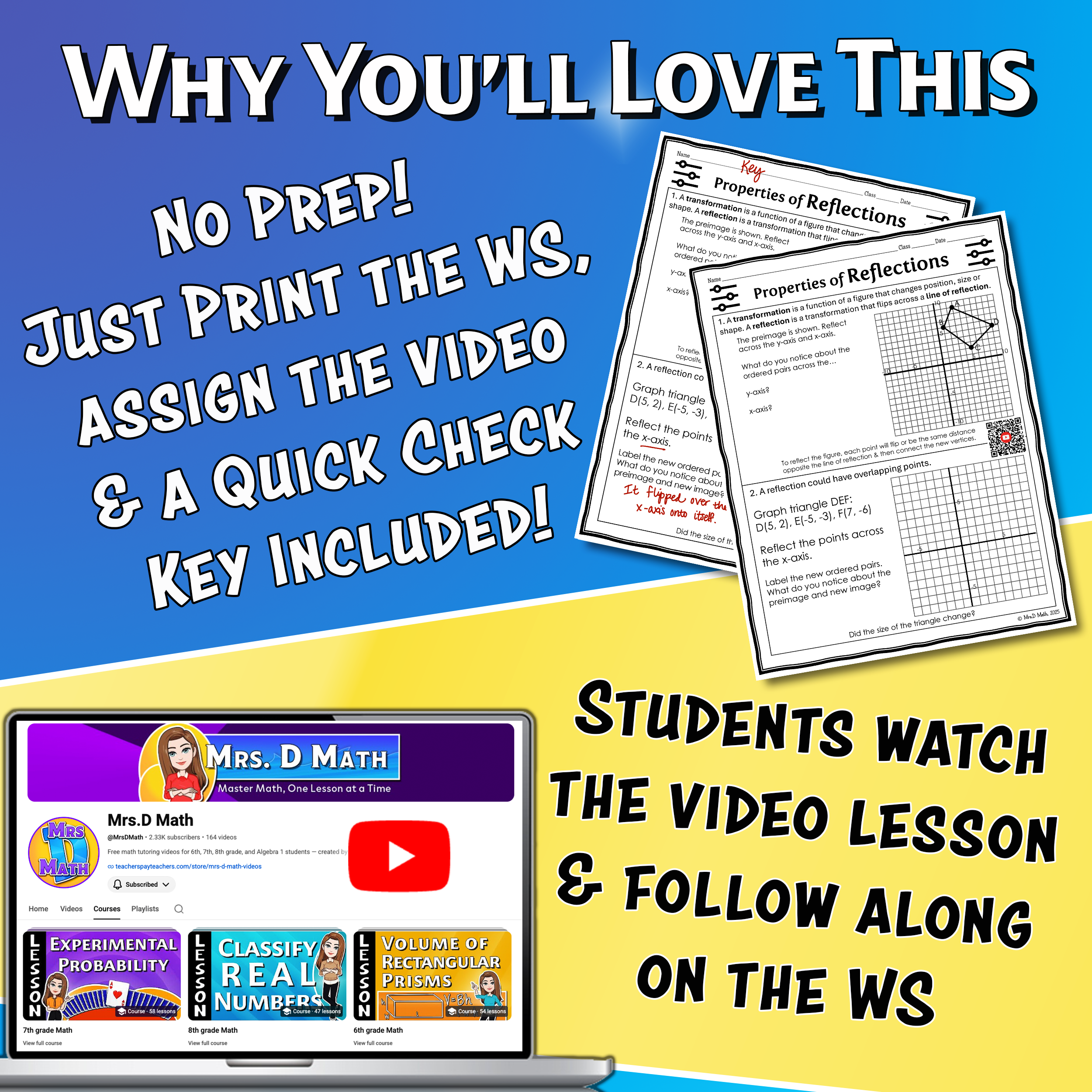 Properties of Reflections Video Lesson Worksheet | 8th grade