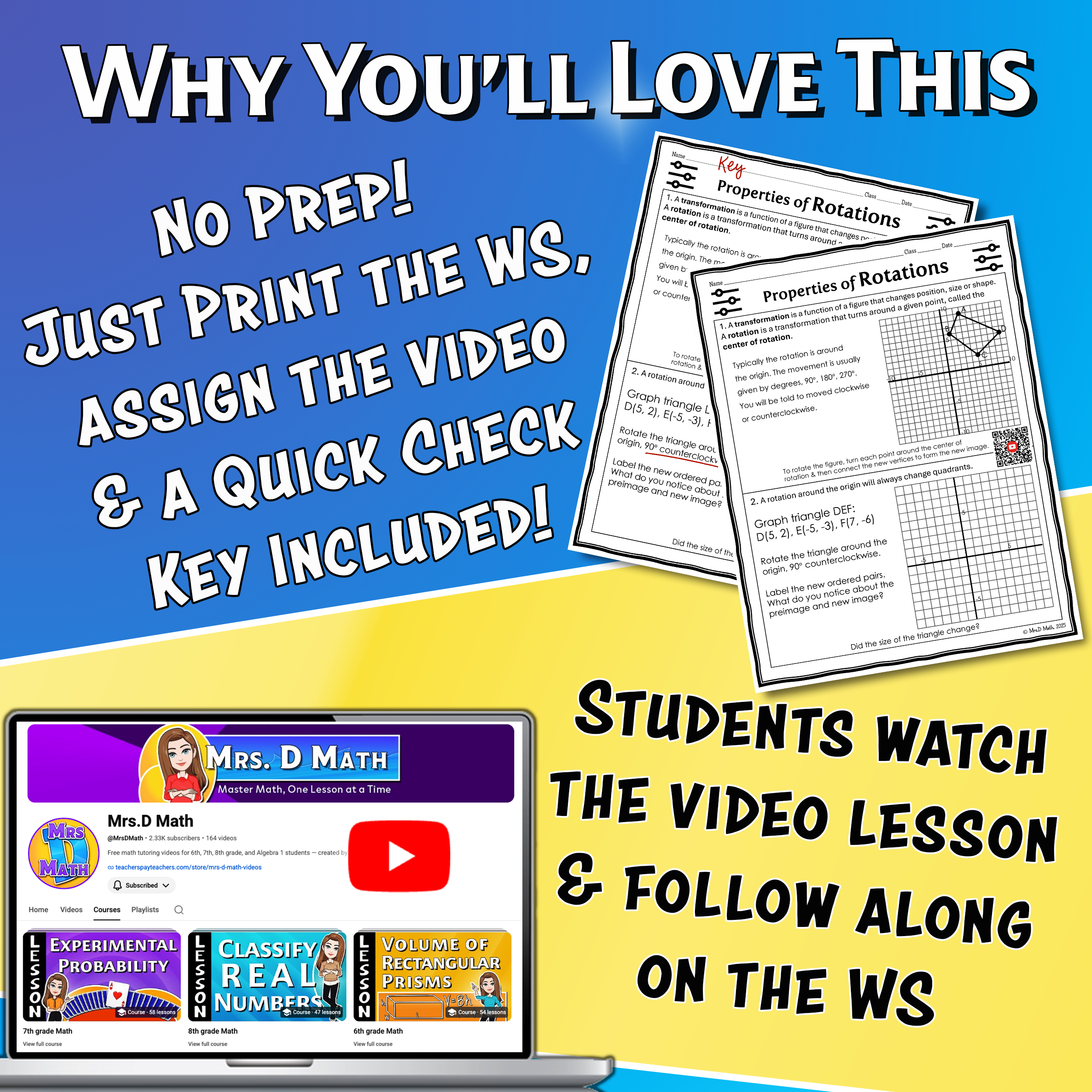 Properties of Rotations Video Lesson Worksheet | 8th grade