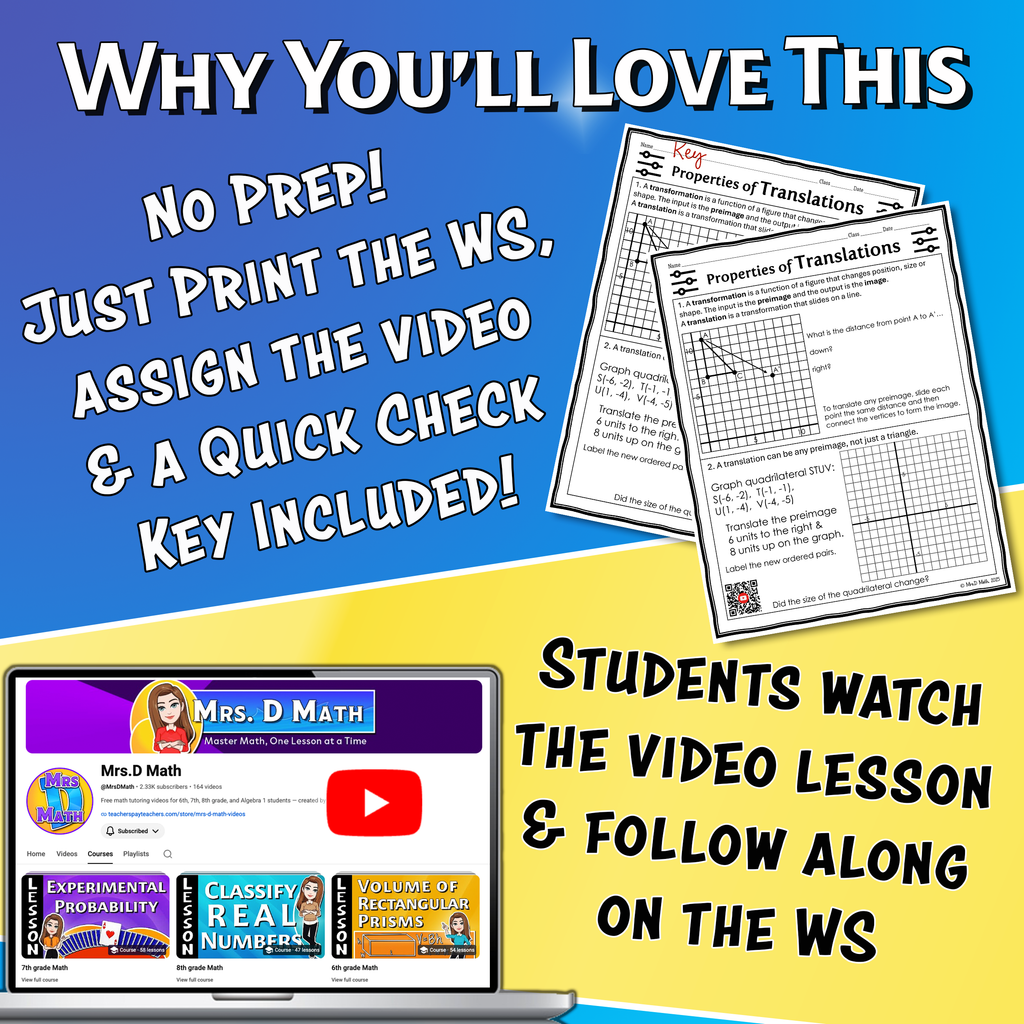 Properties of Translations Video Lesson Worksheet | 8th grade