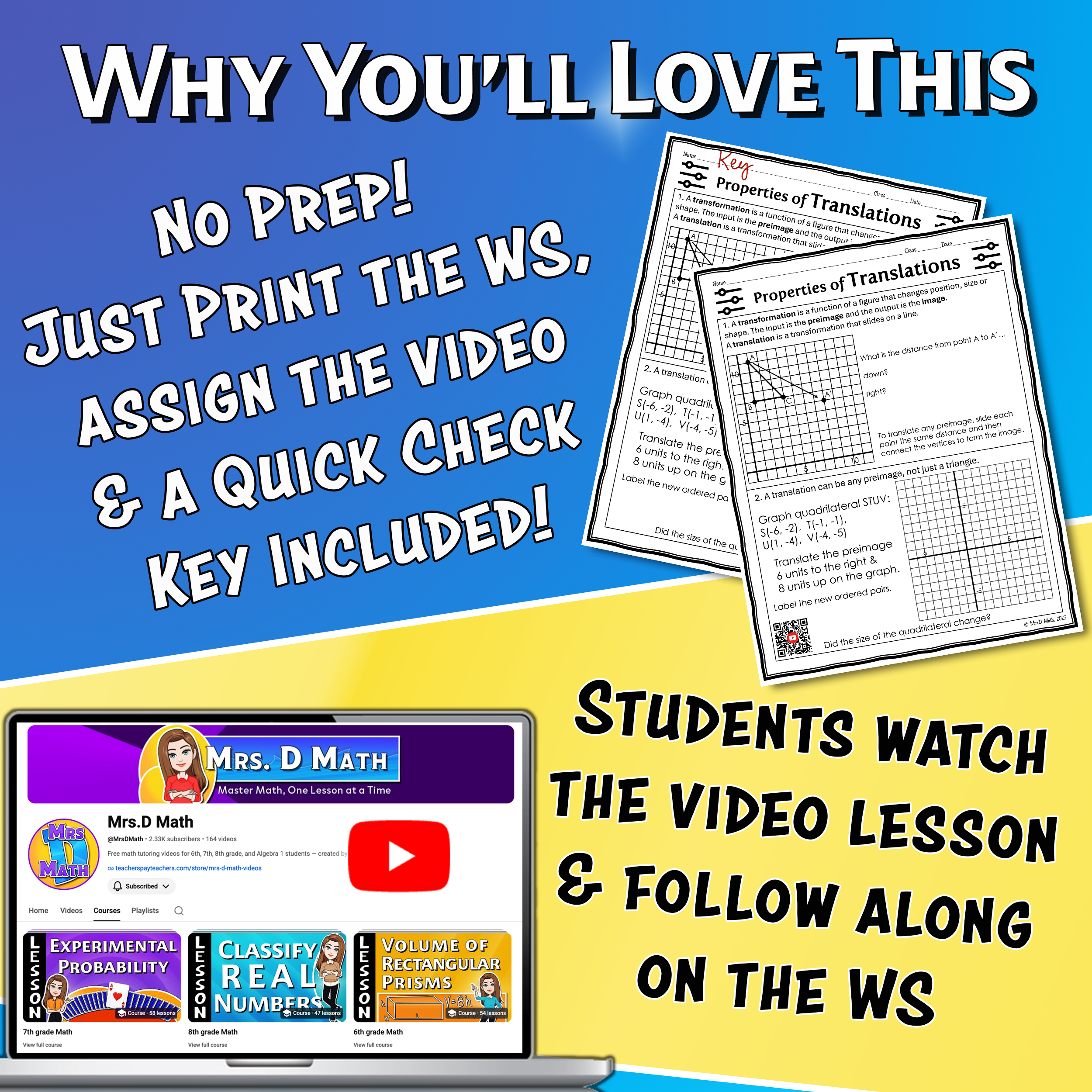 Properties of Translations Video Lesson Worksheet | 8th grade