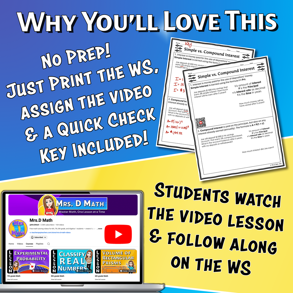 Simple vs. Compound Interest Video Lesson Worksheet | 8th grade