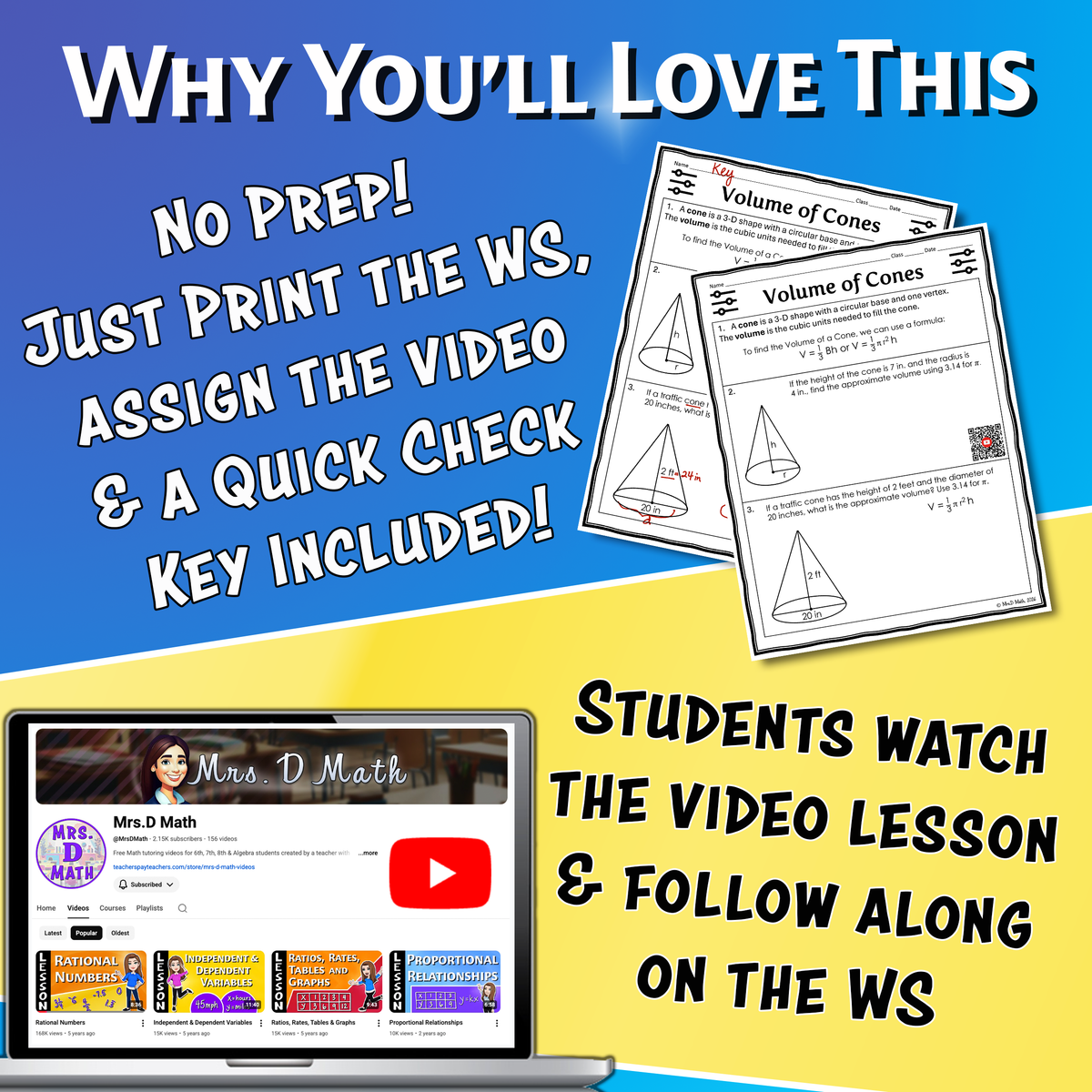 Volume of Cones Video Lesson Worksheet | 8th grade
