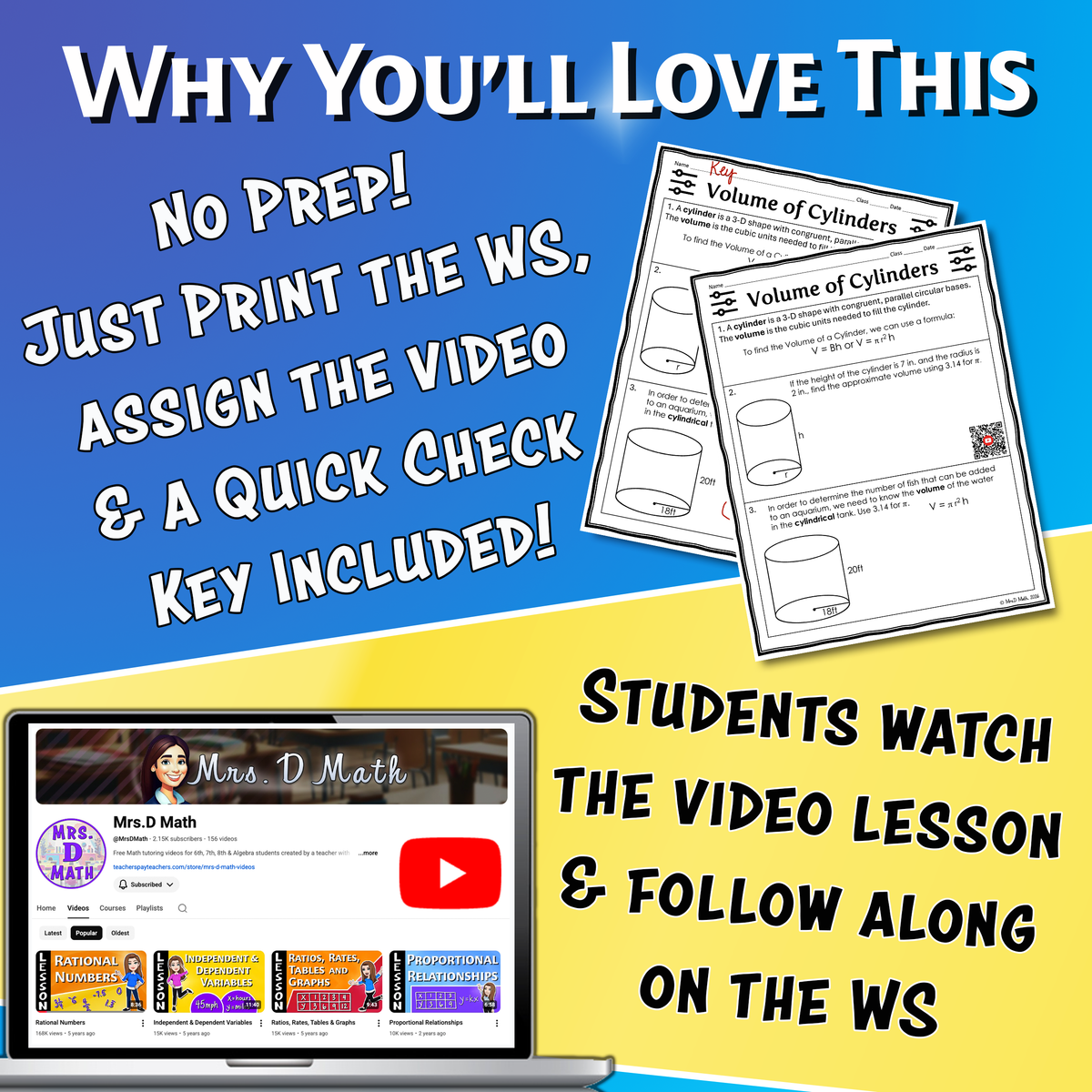 Volume of Cylinders Video Lesson Worksheet | 8th grade