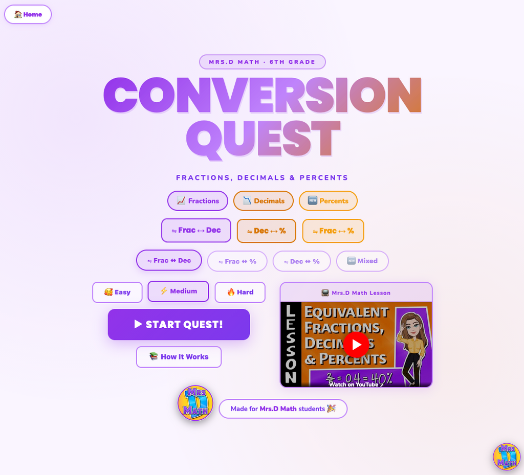 Conversion Quest | Fraction, Decimal & Percent Conversions | 6th Grade