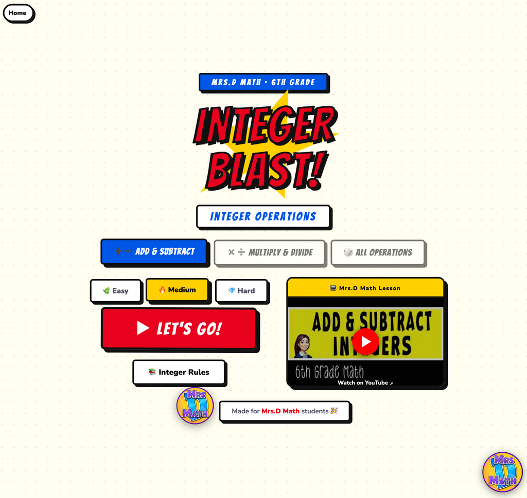 Integer Blast | Add & Subtract Integers | 6th grade