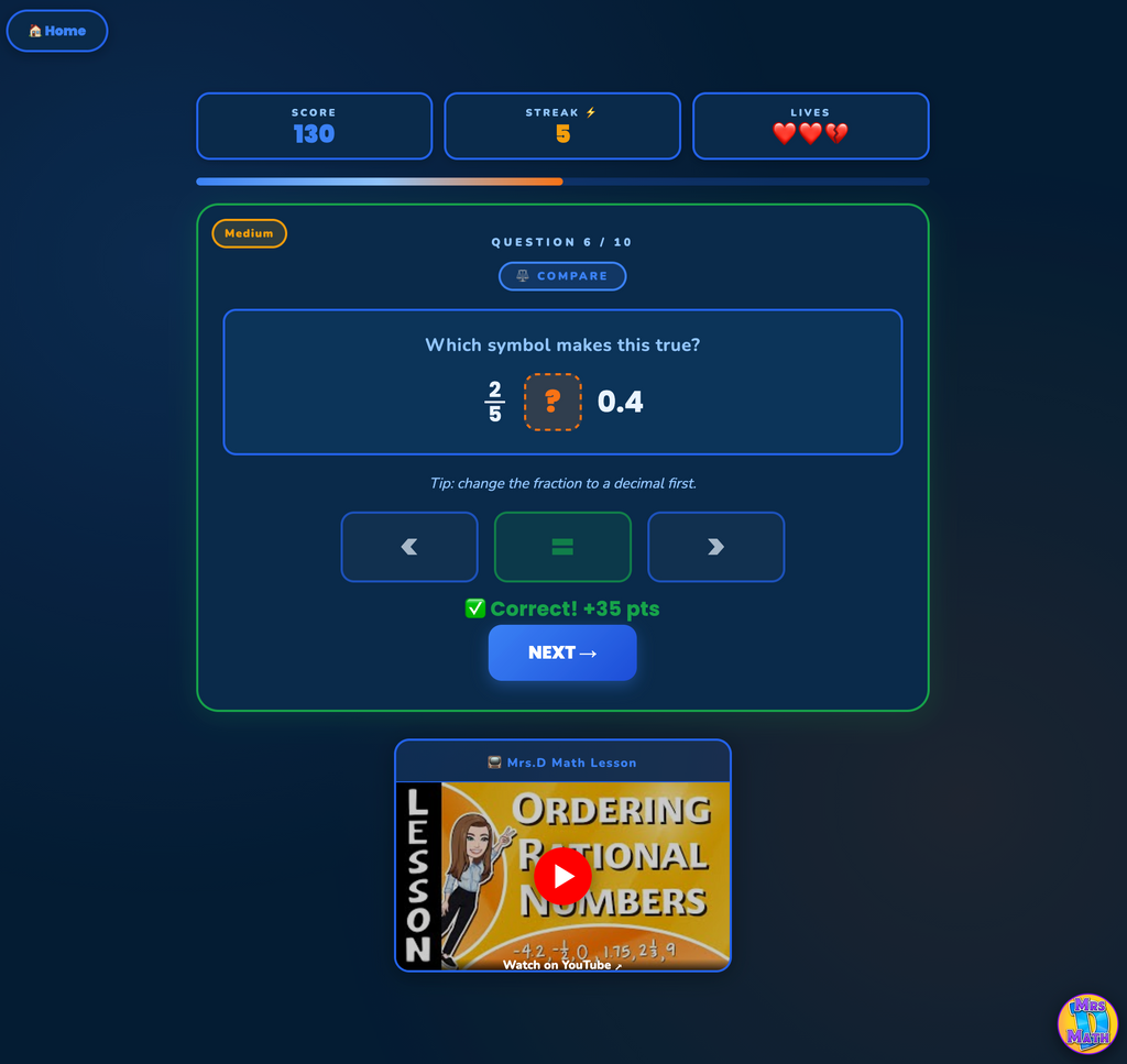 Number Clash | Ordering Rational Numbers | 6th grade