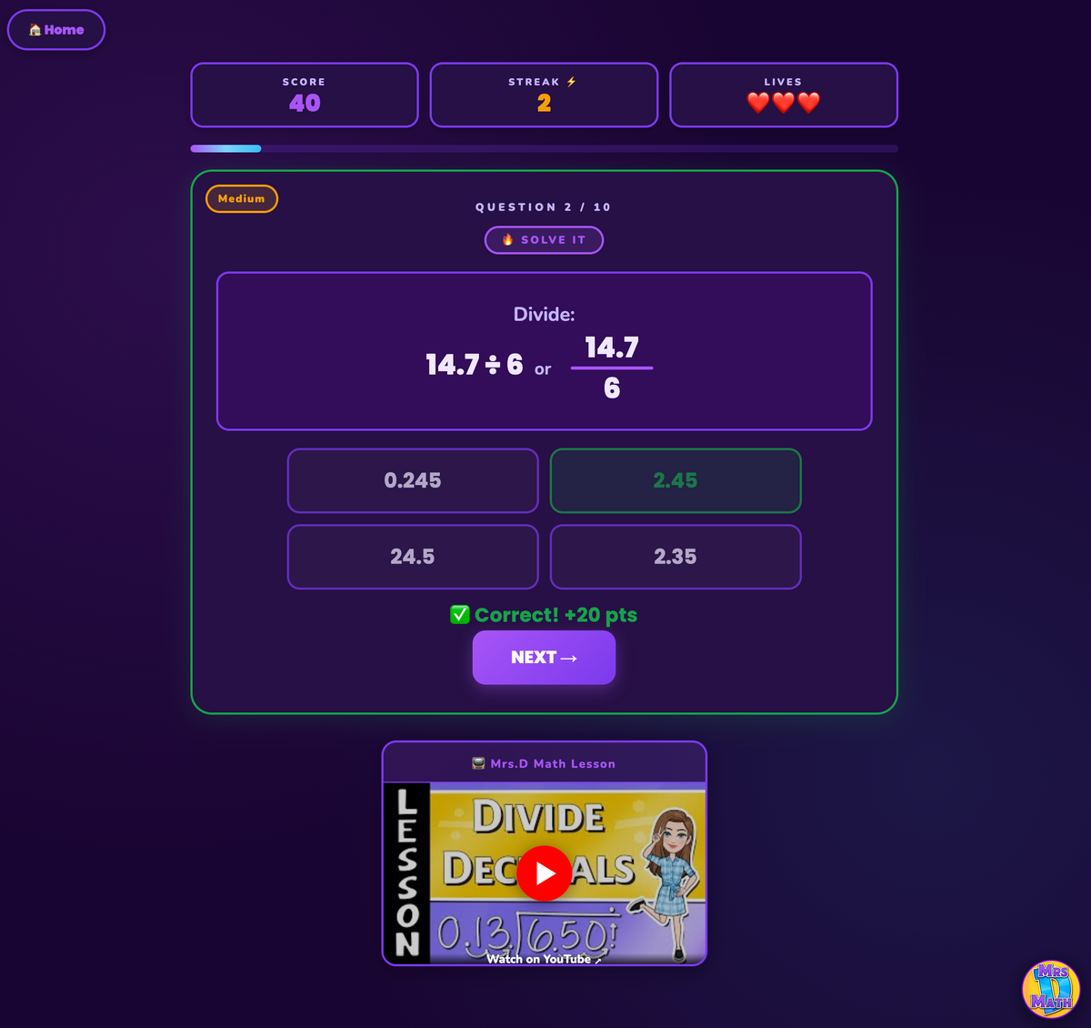 Point Quest | Divide Decimals | 6th grade