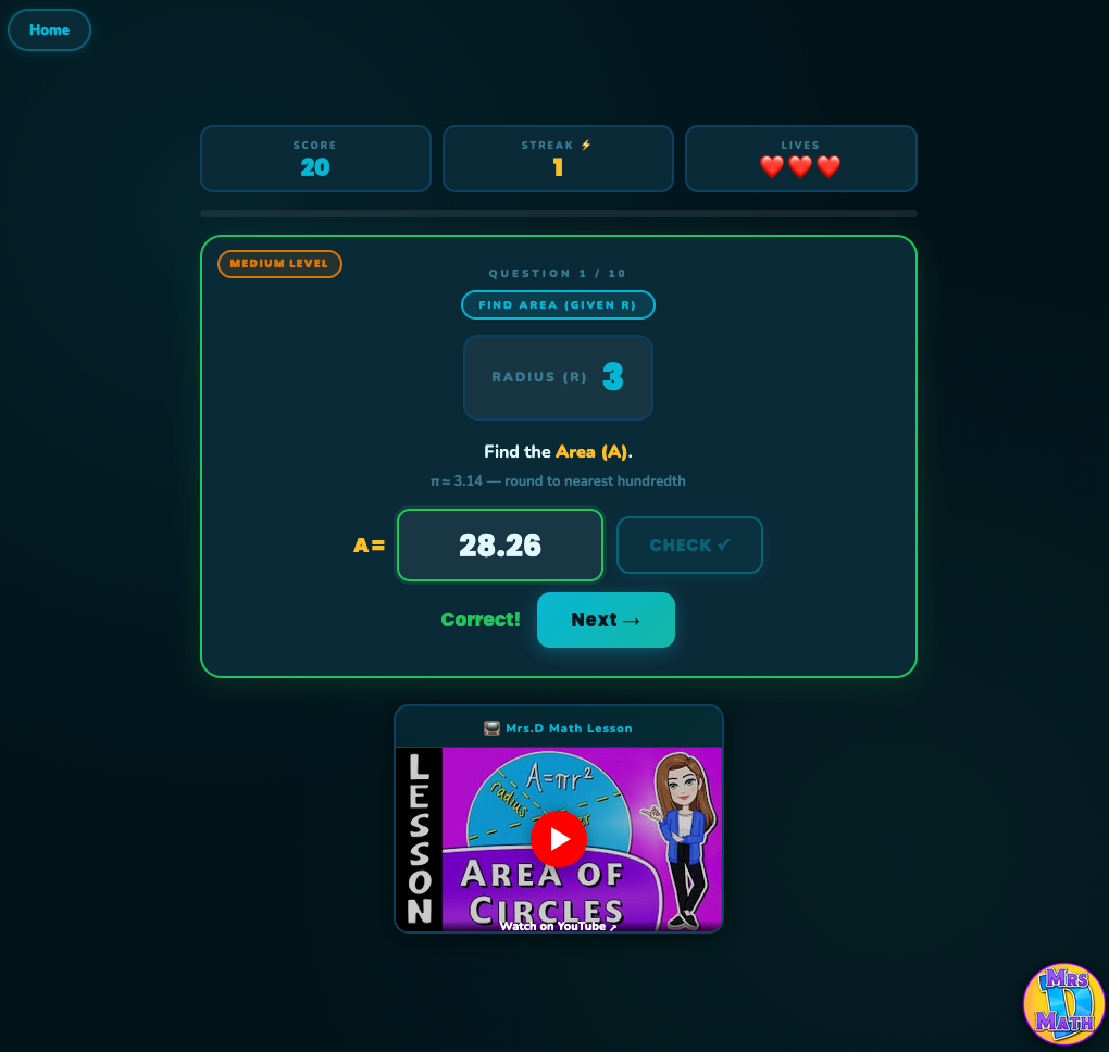 Area Ace | Area of Circles | 7th grade