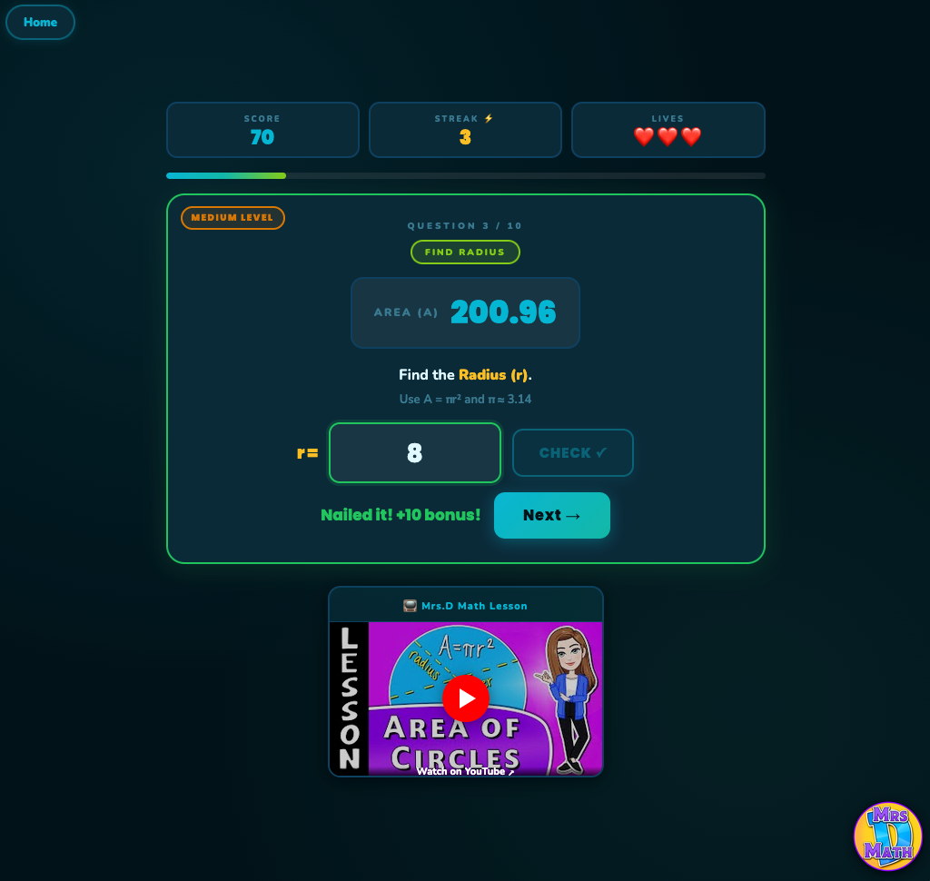 Area Ace | Area of Circles | 7th grade