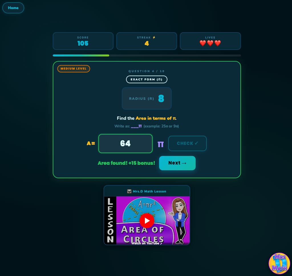 Area Ace | Area of Circles | 7th grade