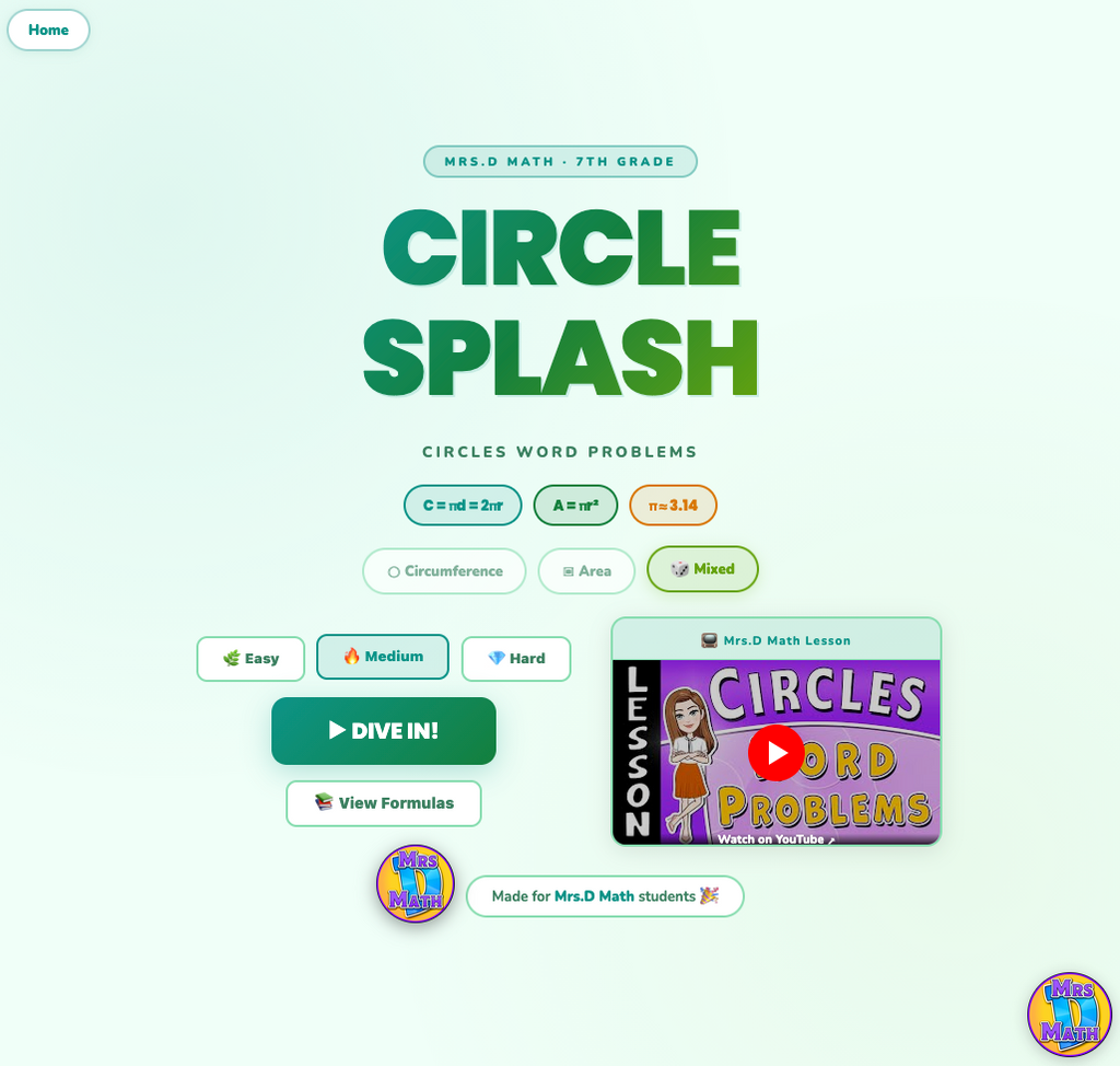 Circle Splash | Circles Word Problems | 7th grade