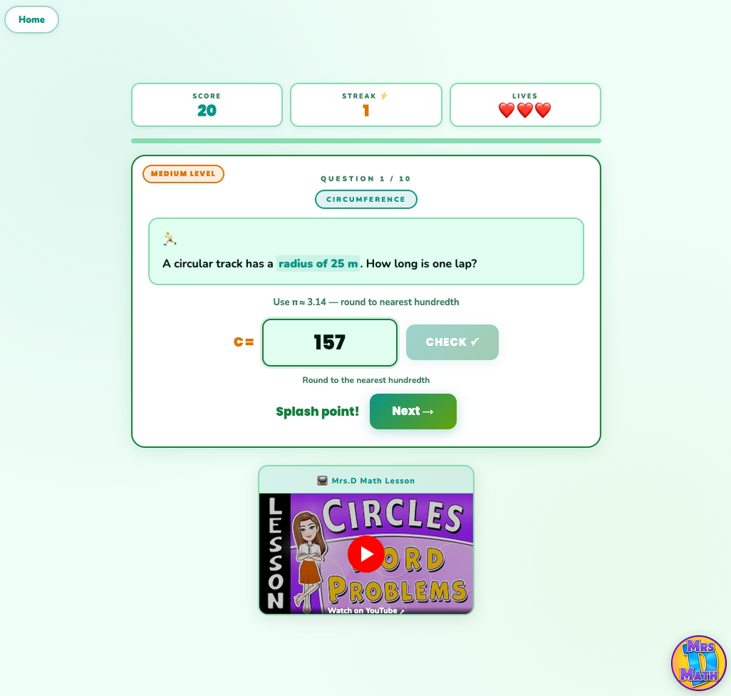 Circle Splash | Circles Word Problems | 7th grade
