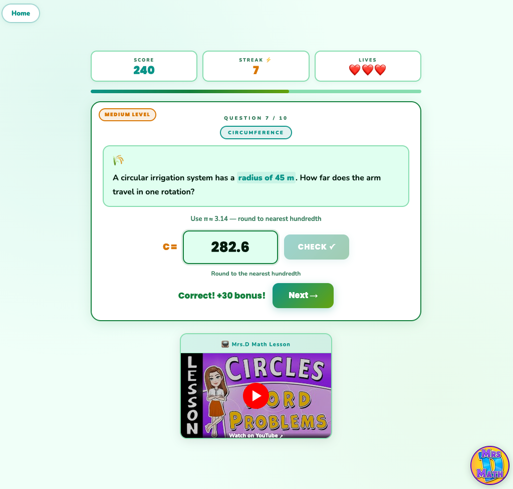 Circle Splash | Circles Word Problems | 7th grade