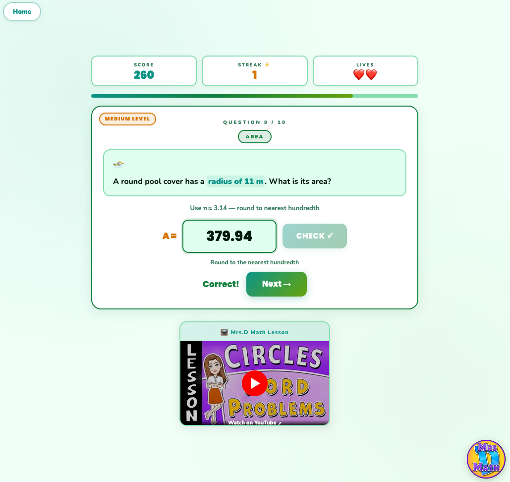 Circle Splash | Circles Word Problems | 7th grade