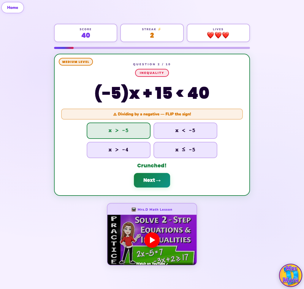 Combo Crunch | Two-Step Equations & Inequalities | 7th grade