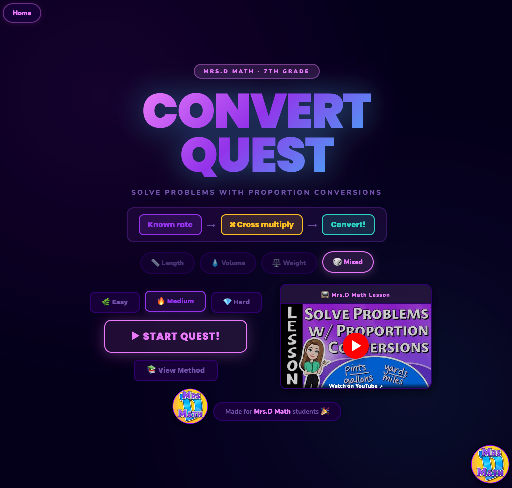Convert Quest | Proportion Conversions | 7th grade