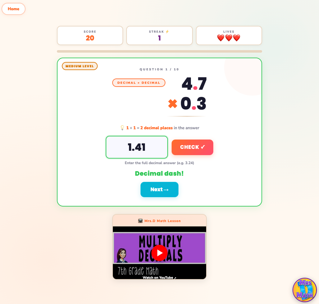 Decimal Dash | Multiply Decimals | 7th grade