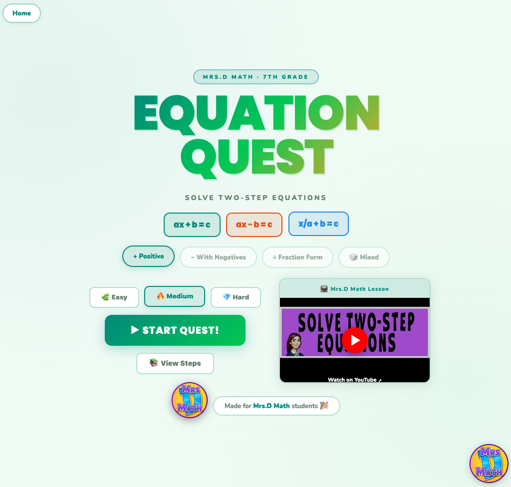 Equation Quest | Solve Two-Step Equations | 7th grade