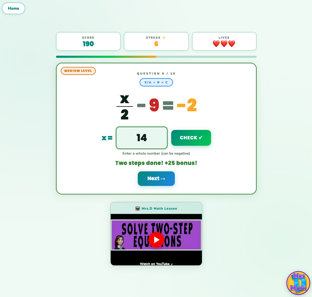 Equation Quest | Solve Two-Step Equations | 7th grade
