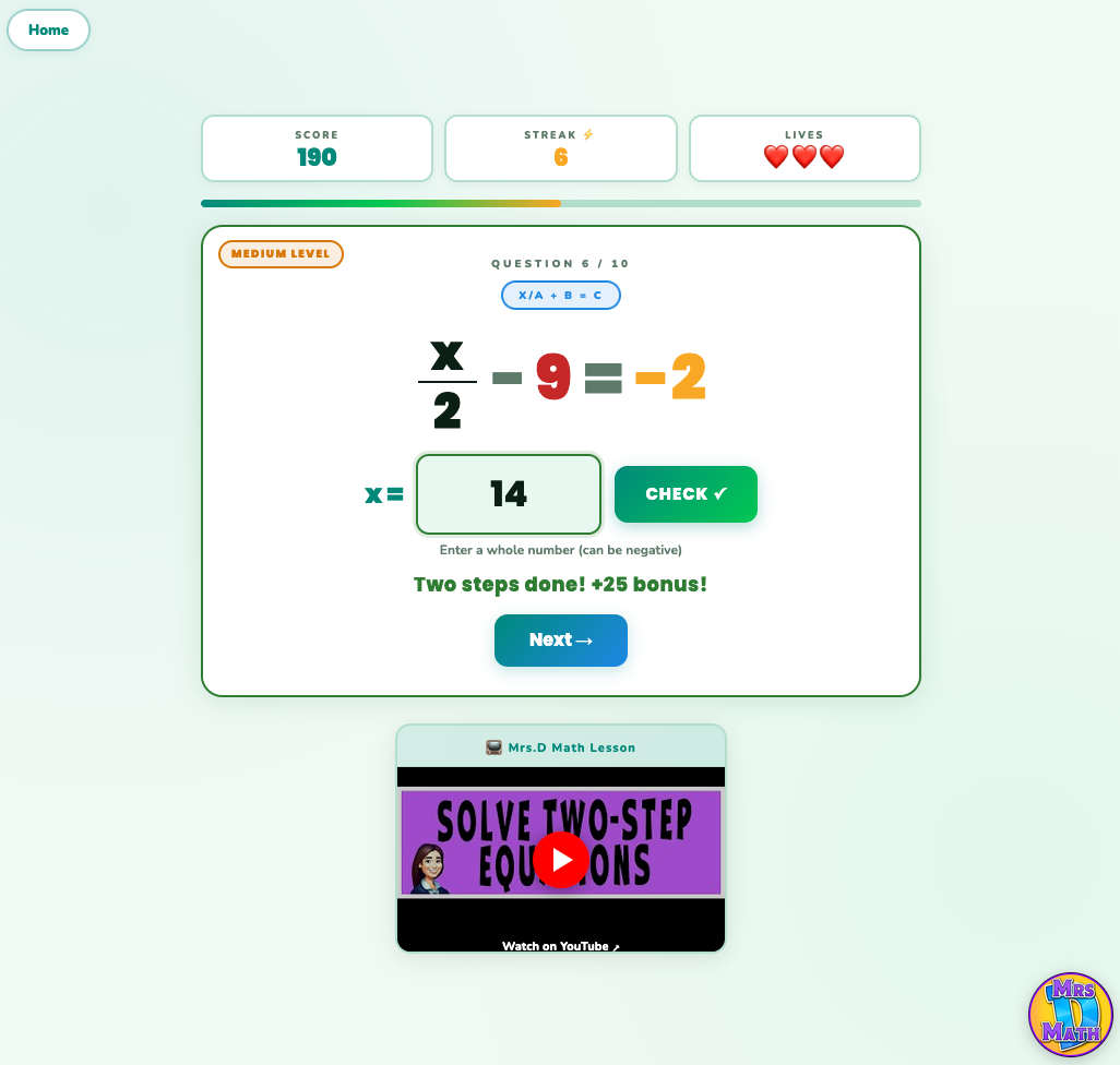 Equation Quest | Solve Two-Step Equations | 7th grade