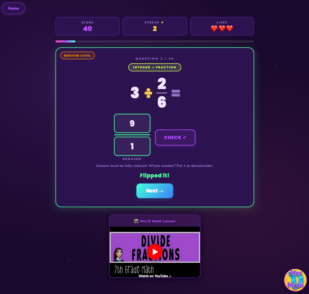 Fraction Flip | Divide Fractions | 7th grade