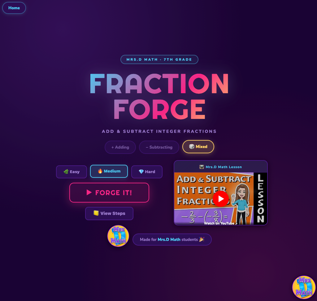 Fraction Forge | Add & Subtract Integer Fractions | 7th grade