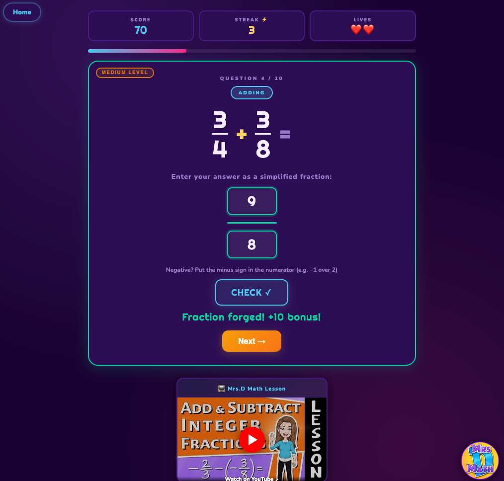Fraction Forge | Add & Subtract Integer Fractions | 7th grade