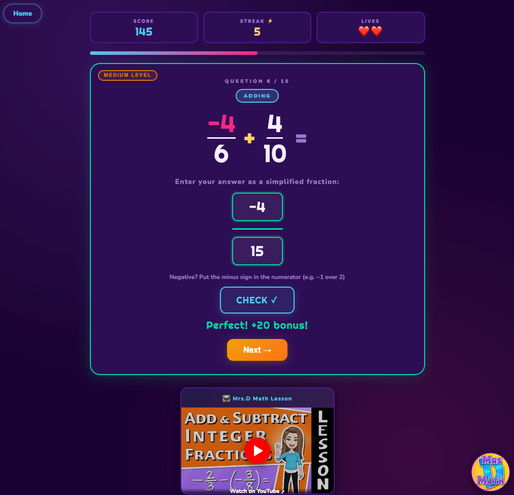 Fraction Forge | Add & Subtract Integer Fractions | 7th grade