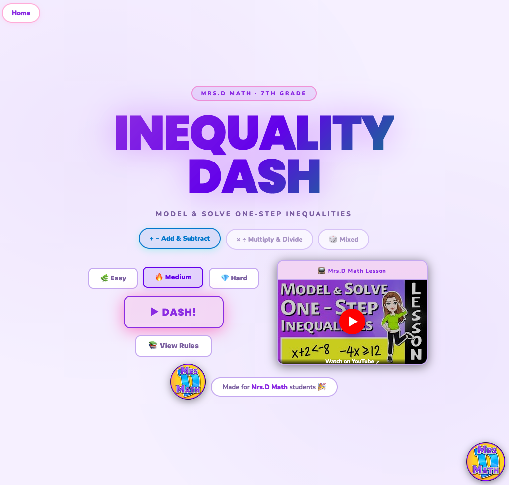 Inequality Dash | Model & Solve One-Step Inequalities | 7th grade