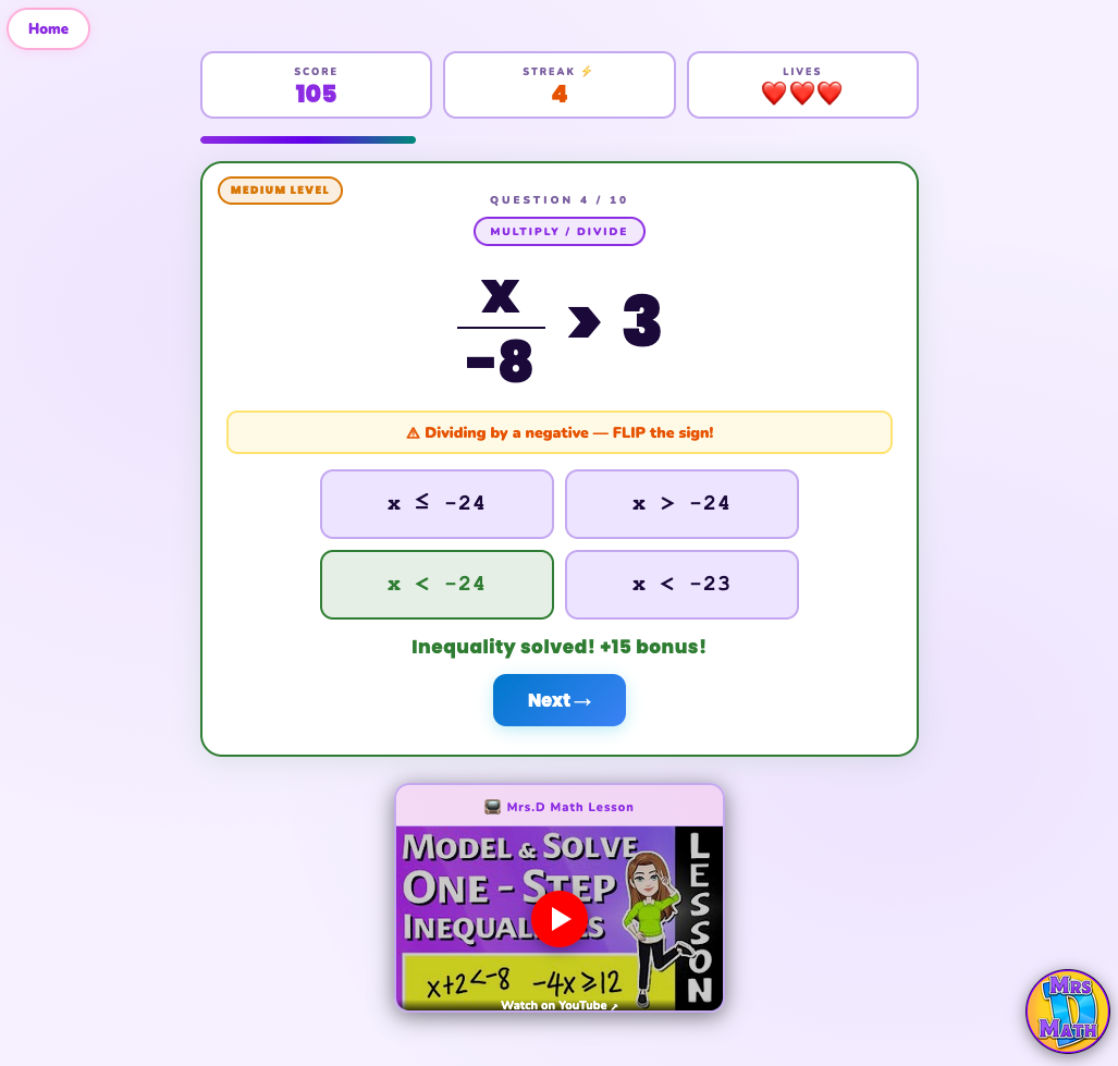 Inequality Dash | Model & Solve One-Step Inequalities | 7th grade