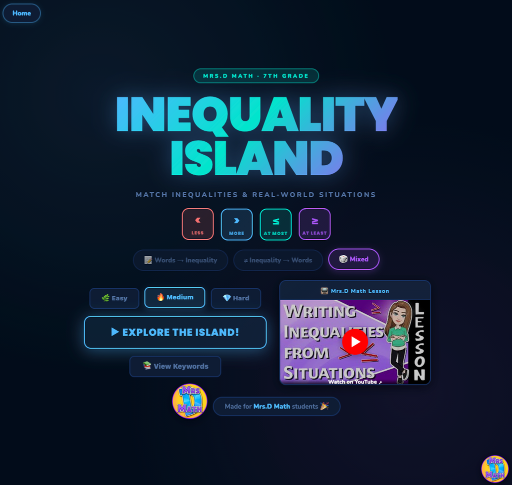 Inequality Island | Writing Inequalities from Word Problems | 7th grade