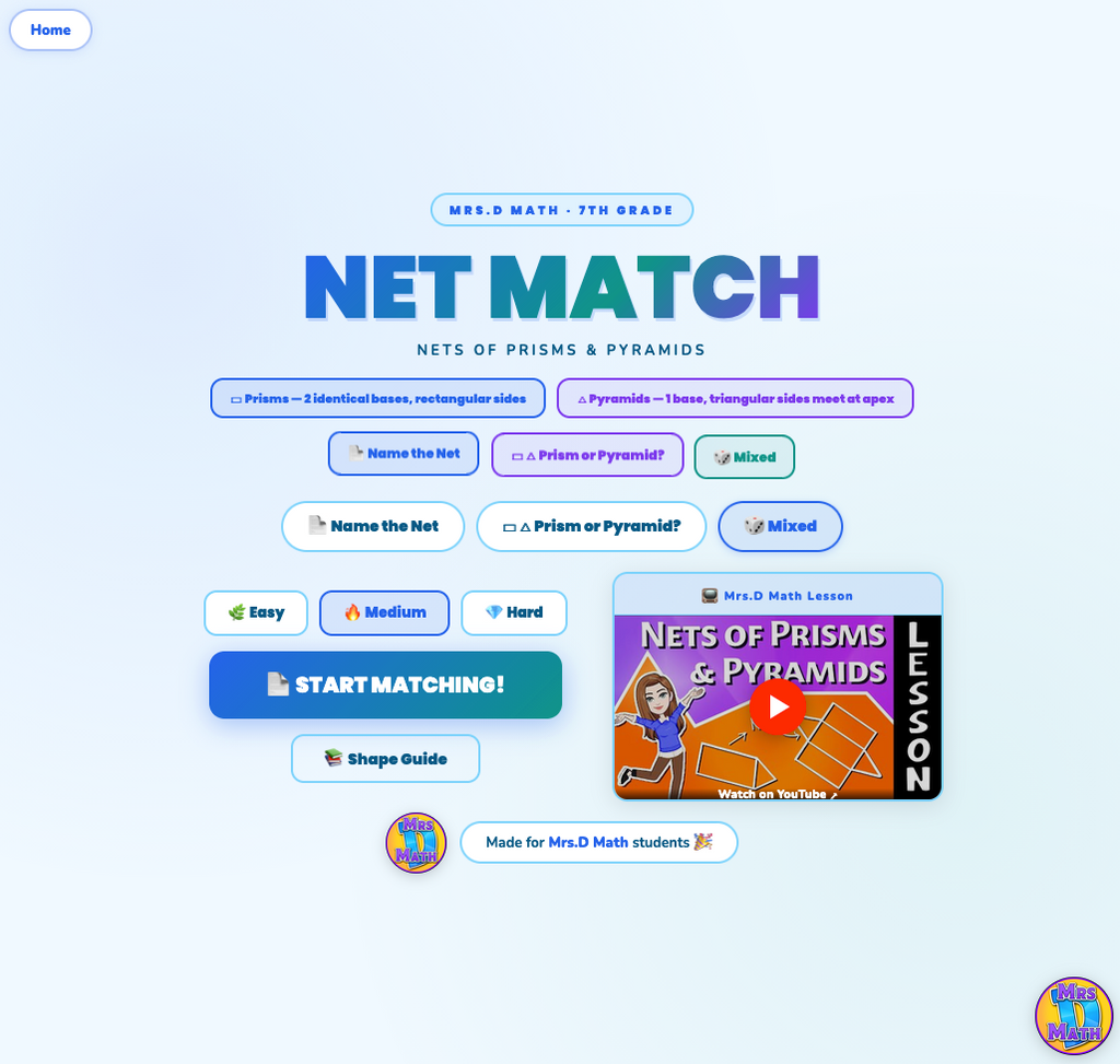 Net Match | Nets of Prisms & Pyramids | 7th grade