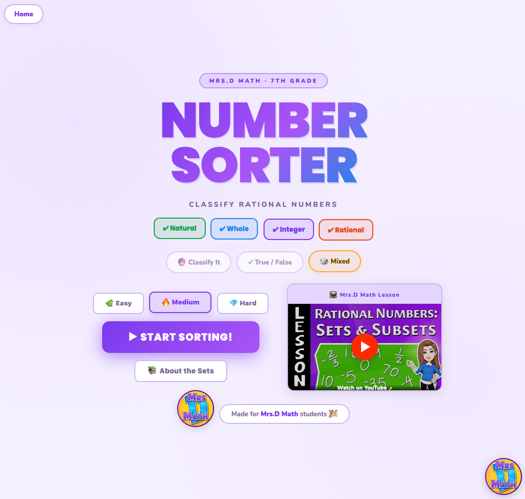 Number Sorter | Rational Numbers: Sets & Subsets | 7th grade