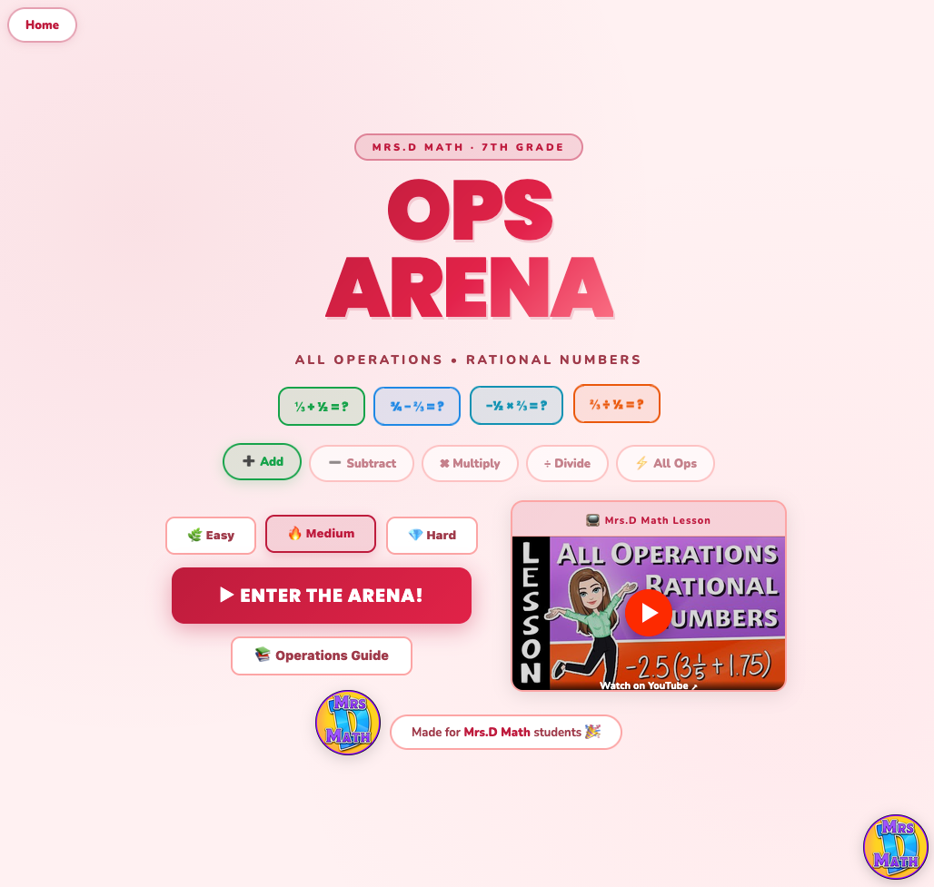 Ops Arena | All Operations Rational Numbers | 7th grade