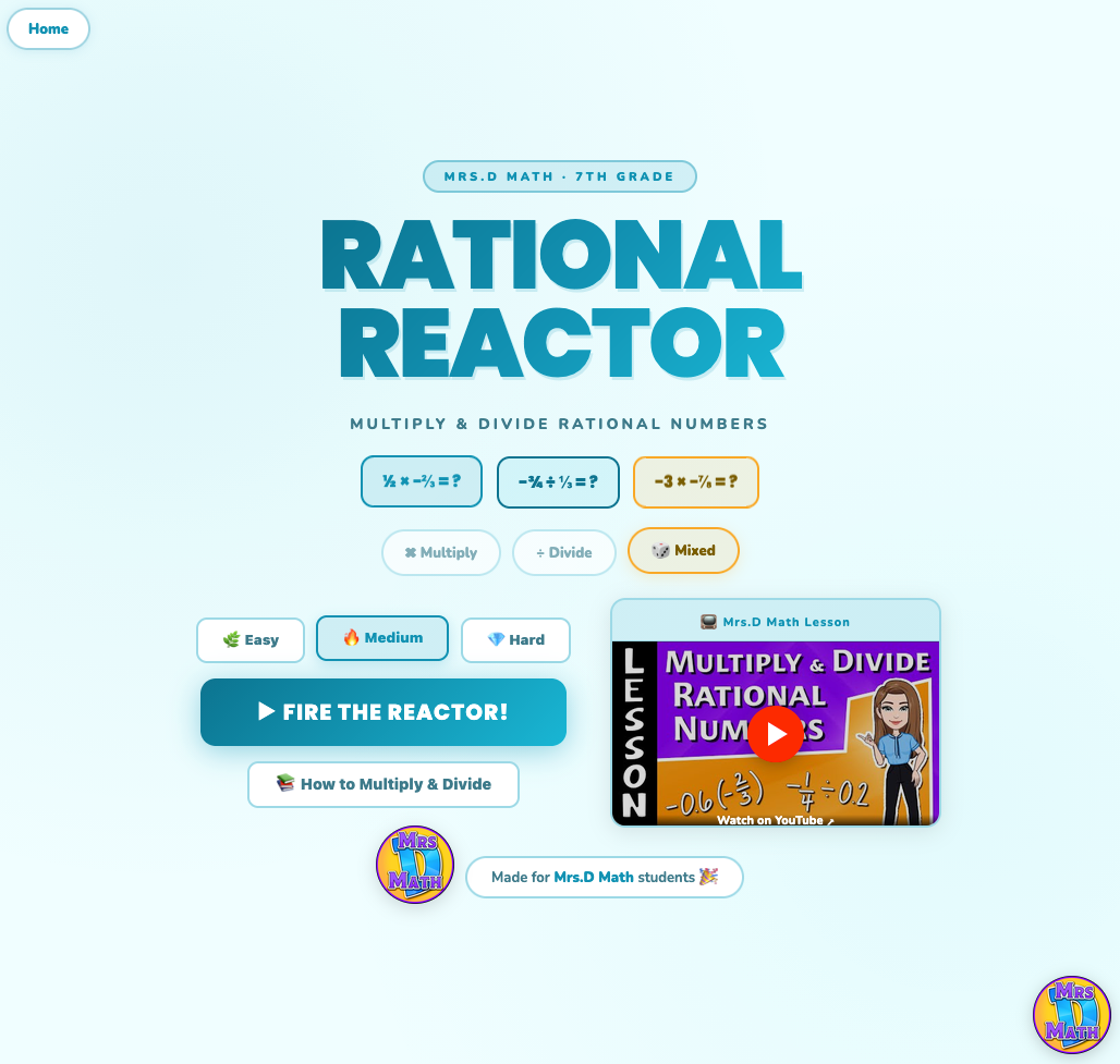 Rational Reactor | Multiply & Divide Rational Numbers | 7th grade